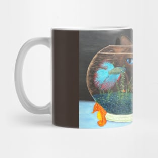 Siamese Cat Looking Through a Fishbowl at a Betta Fish. Mug